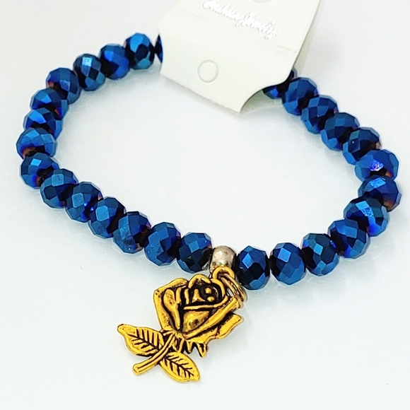 B925B071 Hand-made Blue Bracelet With Gold Rose Charm - Picture 6 of 8